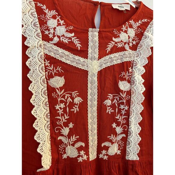 Entro Red-Orange Floral Lace Bib Boho Blouse Size Small - Picture 5 of 6
